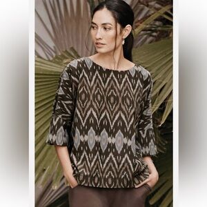 Pure Jill/J Jill Ikat Batik Print Cotton Top Taupe Blue XL w MEASUREMENTS